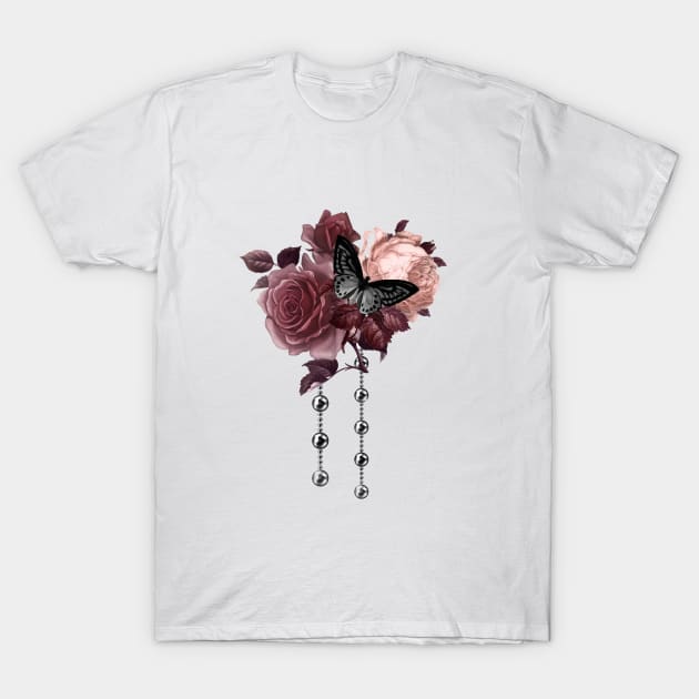 Burgundy and blush roses with silver pearls T-Shirt by allthumbs